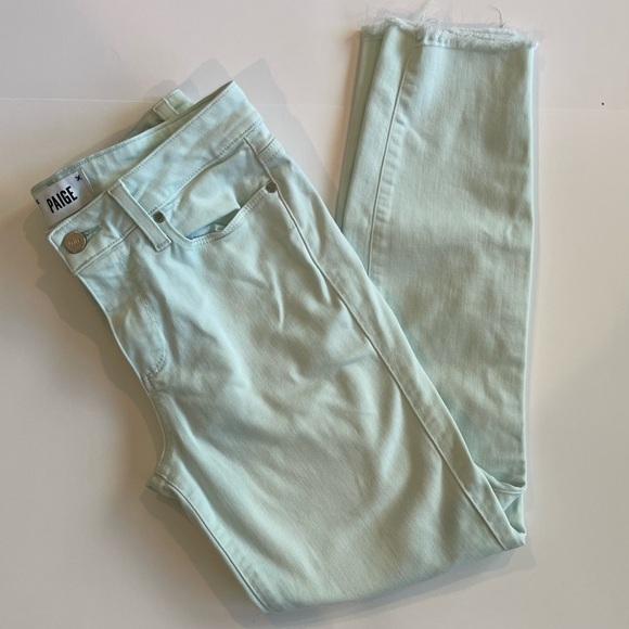 Paige Verdugo Crop Skinny Straight Leg Mid-rise Mint Green or Blue Jeans; 27 - Picture 1 of 9